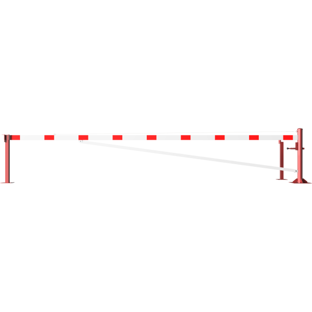 Swing barrier | with bracing tube and | pull rope reinforcement | to be fixed by plugs, hot-dip galvanized and red coated with white reflecting rings | Barrier arm length: 6000 mm | for padlock
